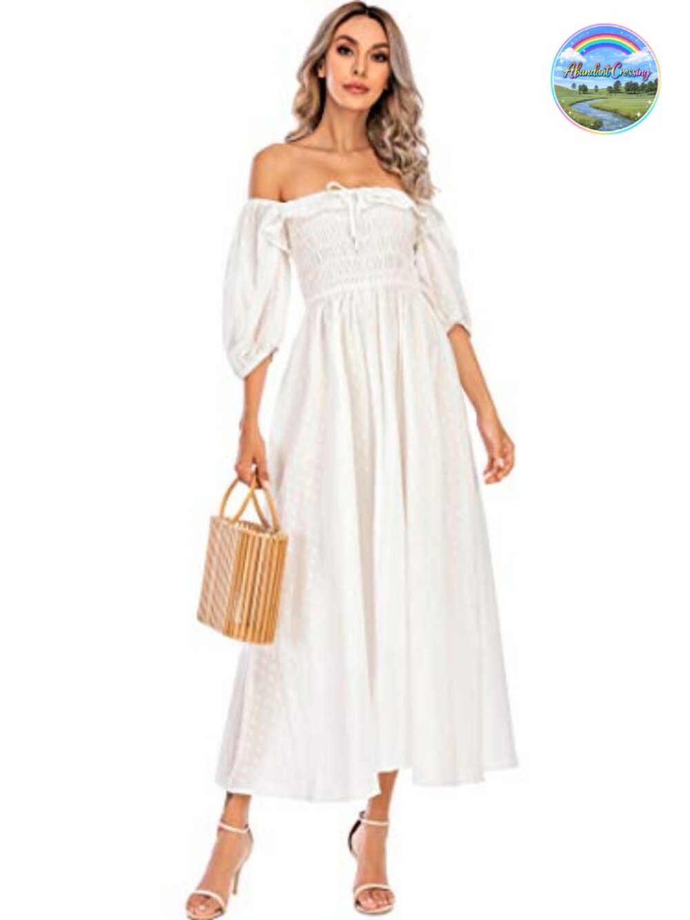 Women Cotton A Line Flowy Midi Dress Puff Sleeve Backless Square Neck